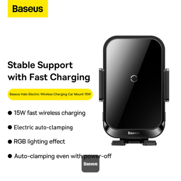 Baseus Halo 15W Car Wireless Charger Mount - Auto-Clamping Air Vent Phone Holder with Dynamic Lighting Fast Charging and Automatic Phone Induction - Black