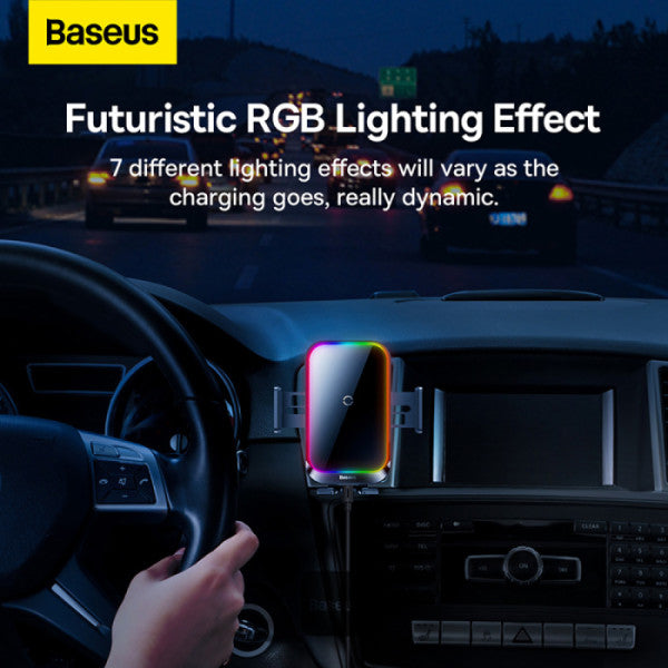 Baseus Halo 15W Car Wireless Charger Mount - Auto-Clamping Air Vent Phone Holder with Dynamic Lighting Fast Charging and Automatic Phone Induction - Black