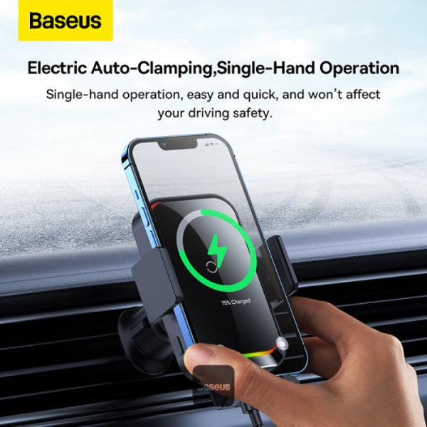 Baseus Halo 15W Car Wireless Charger Mount - Auto-Clamping Air Vent Phone Holder with Dynamic Lighting Fast Charging and Automatic Phone Induction - Black