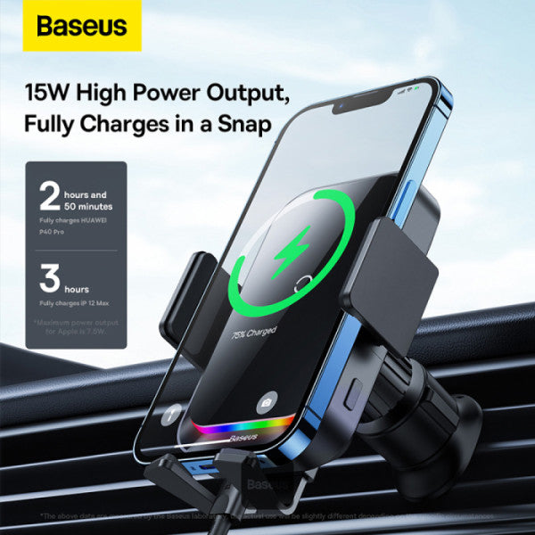 Baseus Halo 15W Car Wireless Charger Mount - Auto-Clamping Air Vent Phone Holder with Dynamic Lighting Fast Charging and Automatic Phone Induction - Black