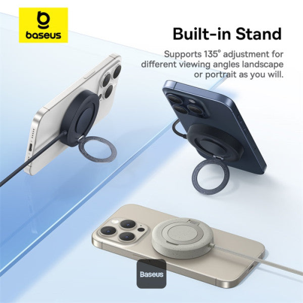 Baseus Simple Mini4 Magnetic Qi2 15W Wireless Charging Stand - 135° Adjustable With Built-In 1M Type-C Cable - Black - Titanium Gold