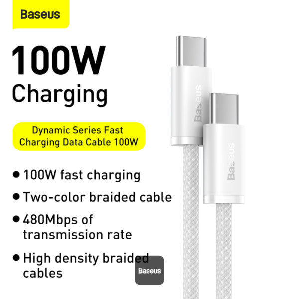 Baseus Dynamic Series Type-C to Type-C Cable - 100W PD Fast Charging & 480Mbps Data Transfer Nylon Braided 1M - White