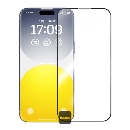 Baseus Sapphire Series 9H HD Tempered Glass Screen Protector for iPhone 15 Pro Max With Built-in Dust Filter Anti-Fingerprint Scratch Resistant Easy Installation Kit - Clear