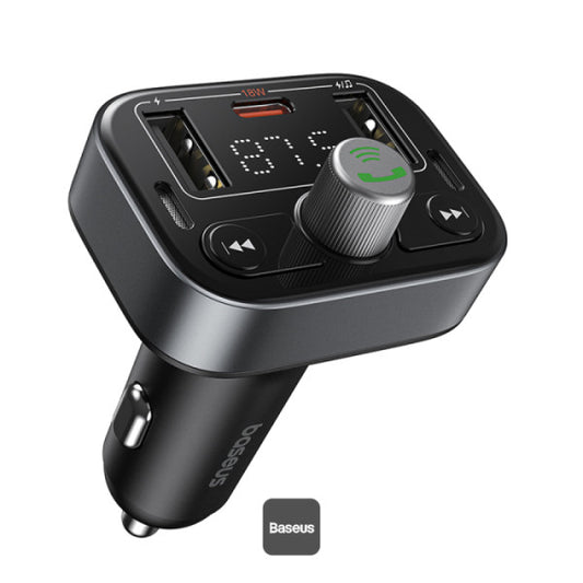 Baseus S-09 Pro Series Car FM Transmitter & Car Charger - 18W PD Fast Charging HiFi Bass Noise-Cancelling Mic Hands-Free USB Drive Support - Black