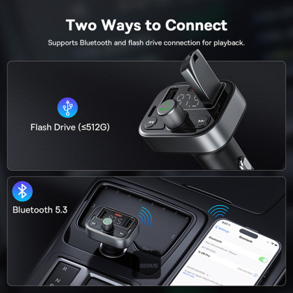 Baseus S-09 Pro Series Car FM Transmitter & Car Charger - 18W PD Fast Charging HiFi Bass Noise-Cancelling Mic Hands-Free USB Drive Support - Black