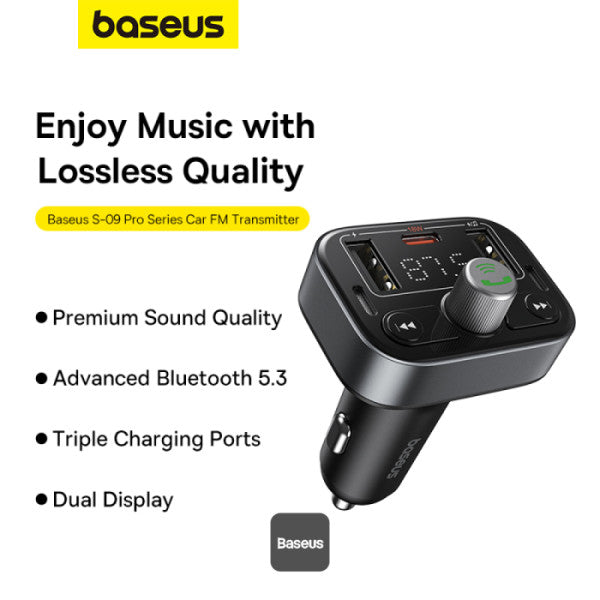 Baseus S-09 Pro Series Car FM Transmitter & Car Charger - 18W PD Fast Charging HiFi Bass Noise-Cancelling Mic Hands-Free USB Drive Support - Black