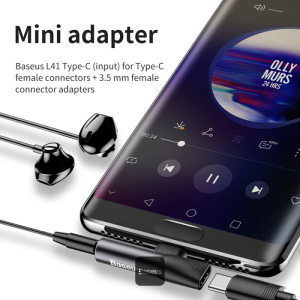 Baseus L41 Audio Converter Type-C to Type-C & 35mm Jack Adapter (Charge + Music) - Black