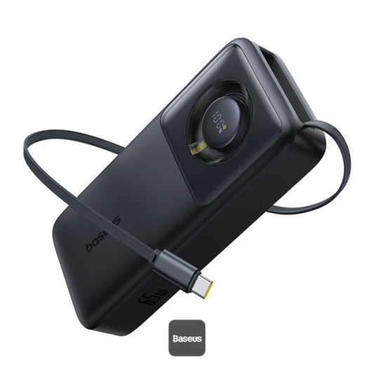 Baseus Free2Pull 20000mAh Power Bank with Built-in Retractable Type-C Cable for Laptop - 65W Fast Charging Digital Display - Black