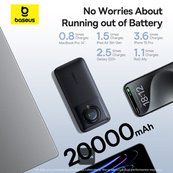 Baseus Free2Pull 20000mAh Power Bank with Built-in Retractable Type-C Cable for Laptop - 65W Fast Charging Digital Display - Black