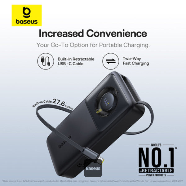 Baseus Free2Pull 20000mAh Power Bank with Built-in Retractable Type-C Cable for Laptop - 65W Fast Charging Digital Display - Black