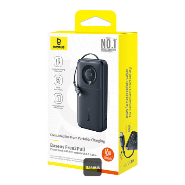 Baseus Free2Pull 20000mAh Power Bank with Built-in Retractable Type-C Cable for Laptop - 65W Fast Charging Digital Display - Black