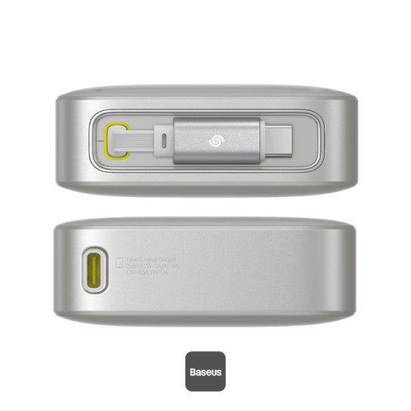 Baseus Free2Pull 20000mAh Power Bank with Built-in Retractable Type-C Cable for Laptop - 65W Fast Charging Digital Display - Grey