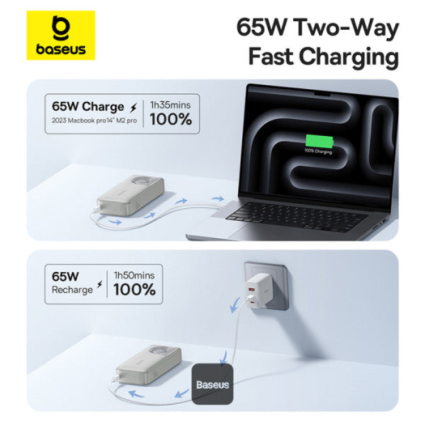 Baseus Free2Pull 20000mAh Power Bank with Built-in Retractable Type-C Cable for Laptop - 65W Fast Charging Digital Display - Grey