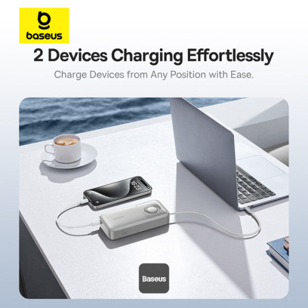 Baseus Free2Pull 20000mAh Power Bank with Built-in Retractable Type-C Cable for Laptop - 65W Fast Charging Digital Display - Grey