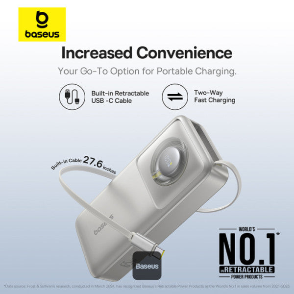 Baseus Free2Pull 20000mAh Power Bank with Built-in Retractable Type-C Cable for Laptop - 65W Fast Charging Digital Display - Grey
