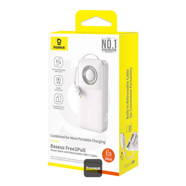 Baseus Free2Pull 20000mAh Power Bank with Built-in Retractable Type-C Cable for Laptop - 65W Fast Charging Digital Display - Grey