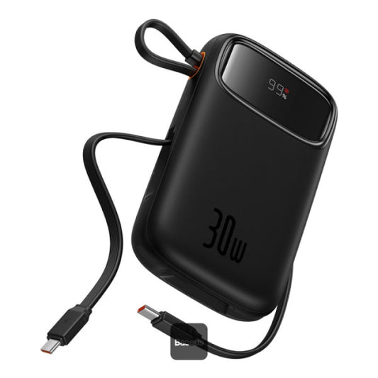 Baseus QPow2 10000mAh Digital Display Fast Charge Power Bank 30W With Built-in Dual Type-C Cable - Black