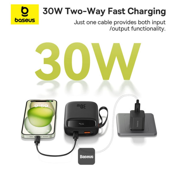 Baseus QPow2 10000mAh Digital Display Fast Charge Power Bank 30W With Built-in Dual Type-C Cable - Black