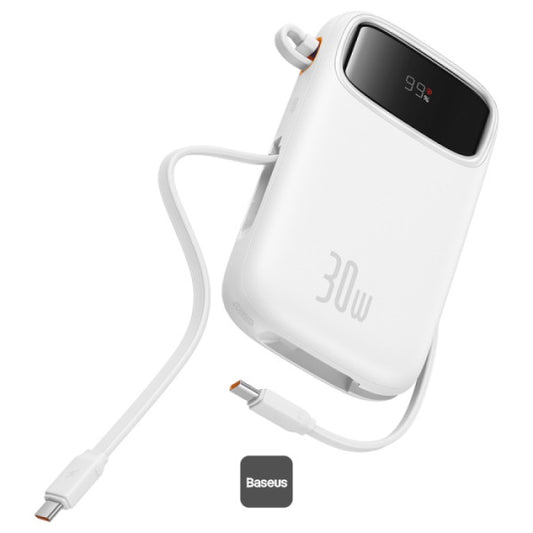 Baseus QPow2 10000mAh Digital Display Fast Charge Power Bank 30W With Built-in Dual Type-C Cable - White