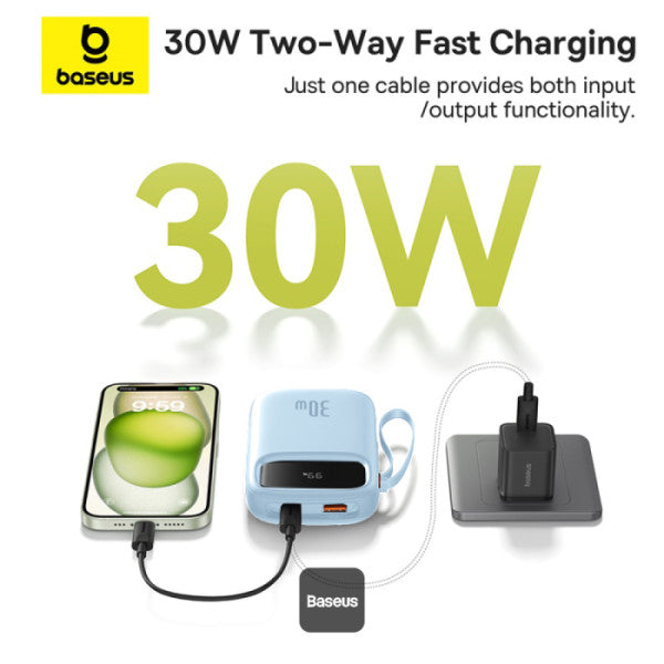 Baseus QPow2 10000mAh Digital Display Fast Charge Power Bank 30W With Built-in Dual Type-C Cable - Blue