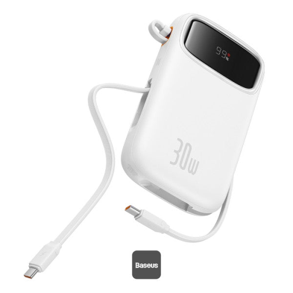 Baseus QPow2 20000mAh Digital Display Fast Charge Power Bank 30W With Built-in Dual Type-C Cable - White