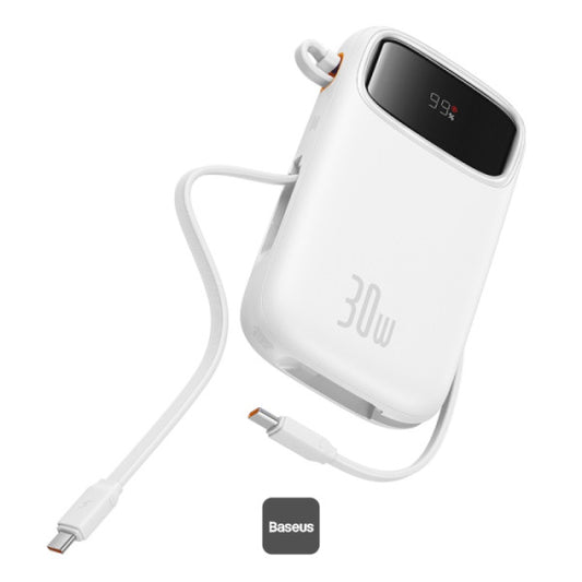 Baseus QPow2 20000mAh Digital Display Fast Charge Power Bank 30W With Built-in Dual Type-C Cable - White