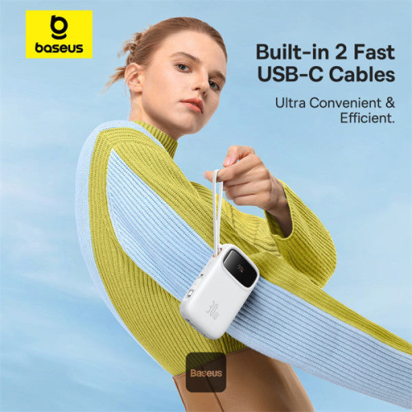 Baseus QPow2 20000mAh Digital Display Fast Charge Power Bank 30W With Built-in Dual Type-C Cable - White