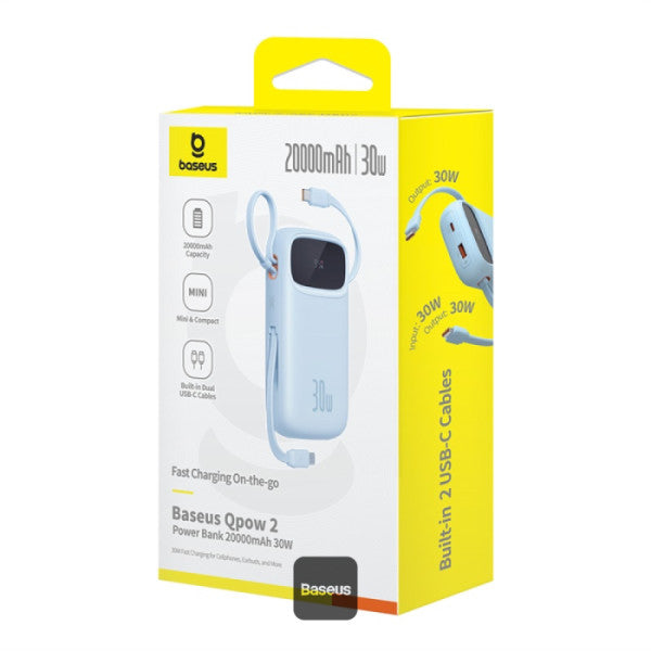 Baseus QPow2 20000mAh Digital Display Fast Charge Power Bank 30W With Built-in Dual Type-C Cable - Blue