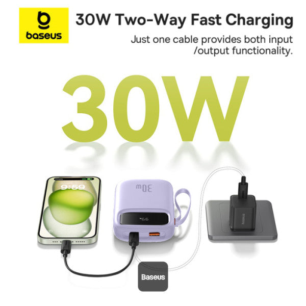 Baseus QPow2 20000mAh Digital Display Fast Charge Power Bank 30W With Built-in Dual Type-C Cable - Purple