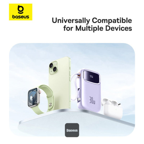 Baseus QPow2 20000mAh Digital Display Fast Charge Power Bank 30W With Built-in Dual Type-C Cable - Purple