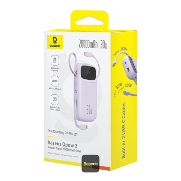 Baseus QPow2 20000mAh Digital Display Fast Charge Power Bank 30W With Built-in Dual Type-C Cable - Purple