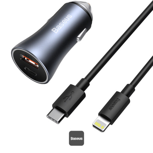 Baseus Golden Contactor Pro Dual Quick Charger Car Charger USB-A + Type-C 40W (With Baseus Simple Wisdom Data Cable Type-C to Lightning 1M) - Grey
