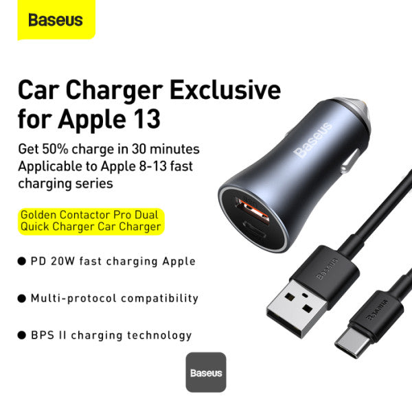 Baseus Golden Contactor Pro Dual Quick Charger Car Charger USB-A + Type-C 40W (With Baseus Simple Wisdom Data Cable Type-C to Lightning 1M) - Grey