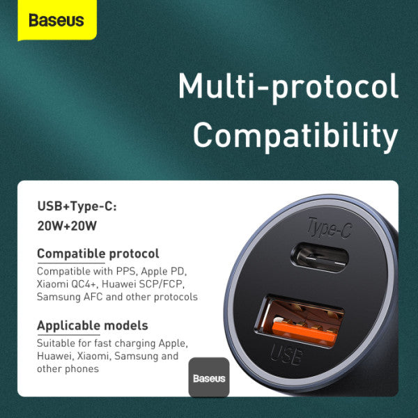 Baseus Golden Contactor Pro Dual Quick Charger Car Charger USB-A + Type-C 40W (With Baseus Simple Wisdom Data Cable Type-C to Lightning 1M) - Grey