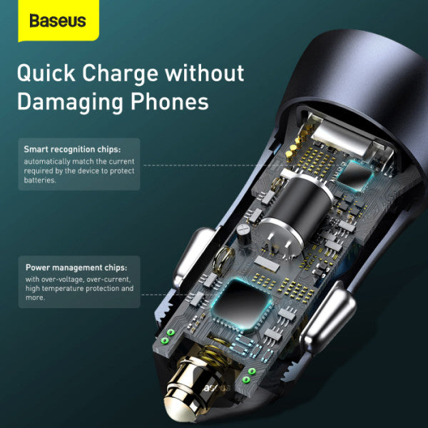 Baseus Golden Contactor Pro Dual Quick Charger Car Charger USB-A + Type-C 40W (With Baseus Simple Wisdom Data Cable Type-C to Lightning 1M) - Grey