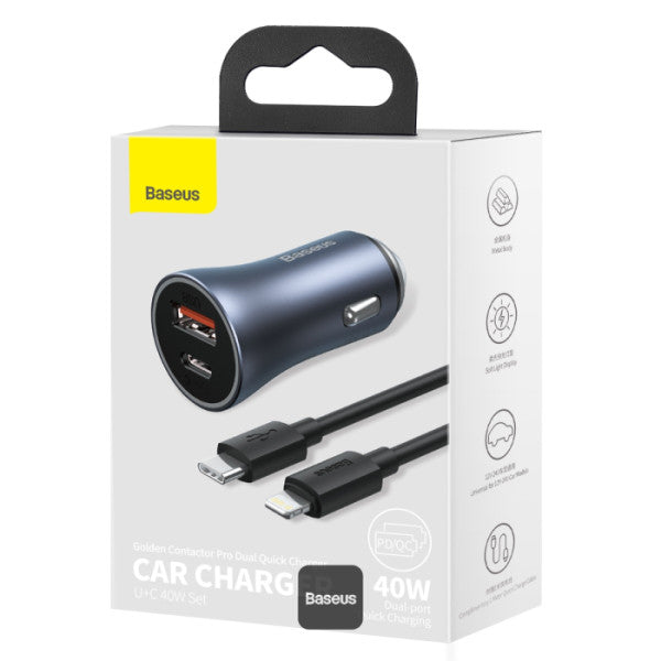 Baseus Golden Contactor Pro Dual Quick Charger Car Charger USB-A + Type-C 40W (With Baseus Simple Wisdom Data Cable Type-C to Lightning 1M) - Grey
