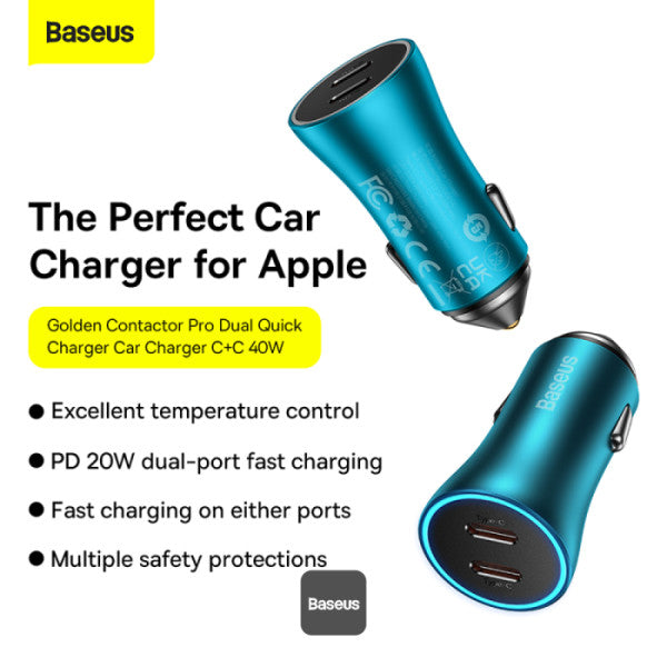 Baseus Golden Contactor Pro Dual Type-C Car Charger 40W - Fast Charging Intelligent Temperature Control Multiple Protections - Blue