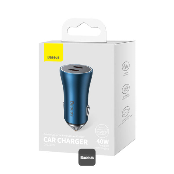 Baseus Golden Contactor Pro Dual Type-C Car Charger 40W - Fast Charging Intelligent Temperature Control Multiple Protections - Blue