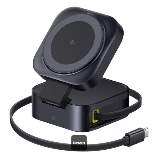Baseus PicoGo Series 2-in-1 Magnetic Wireless Charging Stand Qi2 15W MagSafe Charger & 67W Retractable Cable for MacBook Pro with 100W C Cable- Black
