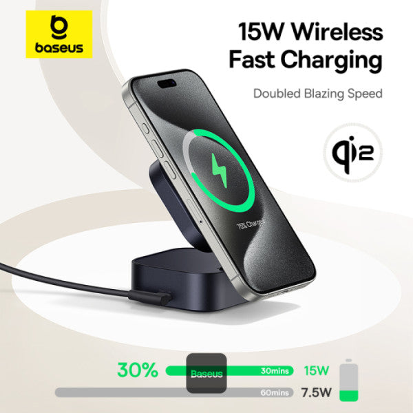 Baseus PicoGo Series 2-in-1 Magnetic Wireless Charging Stand Qi2 15W MagSafe Charger & 67W Retractable Cable for MacBook Pro with 100W C Cable- Black