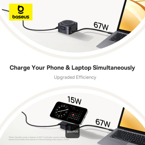 Baseus PicoGo Series 2-in-1 Magnetic Wireless Charging Stand Qi2 15W MagSafe Charger & 67W Retractable Cable for MacBook Pro with 100W C Cable- Black