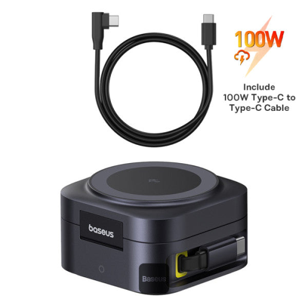 Baseus PicoGo Series 2-in-1 Magnetic Wireless Charging Stand Qi2 15W MagSafe Charger & 67W Retractable Cable for MacBook Pro with 100W C Cable- Black