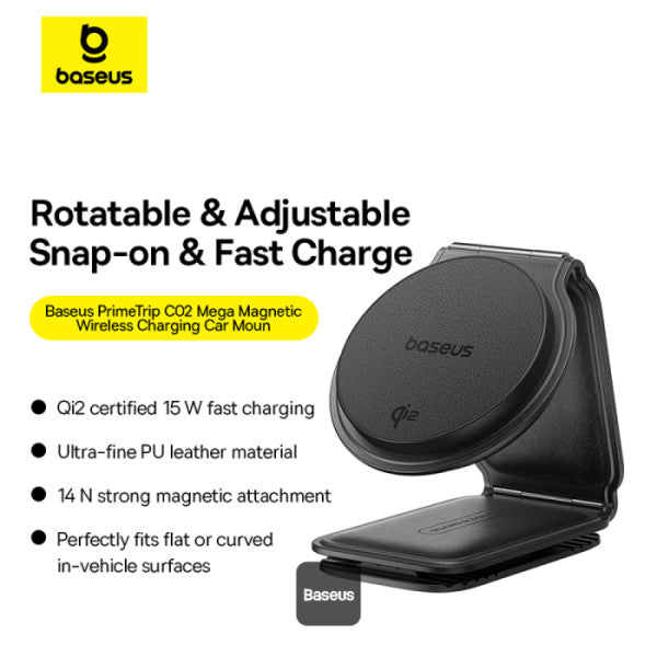 Baseus C02 PrimeTrip Series Mega Magnetic Wireless Charging Car Phone Holder with 15W Qi2 MagSafe - 360° Adjustable Foldable Dashboard Mount - Black