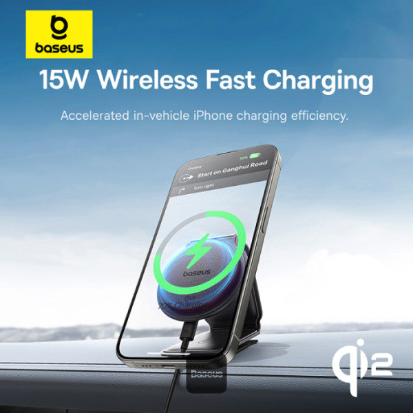 Baseus C02 PrimeTrip Series Mega Magnetic Wireless Charging Car Phone Holder with 15W Qi2 MagSafe - 360° Adjustable Foldable Dashboard Mount - Black