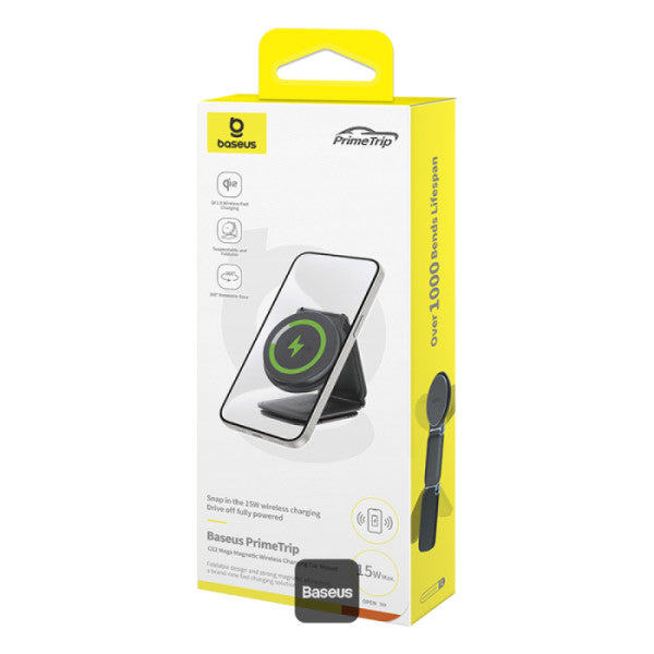 Baseus C02 PrimeTrip Series Mega Magnetic Wireless Charging Car Phone Holder with 15W Qi2 MagSafe - 360° Adjustable Foldable Dashboard Mount - Black