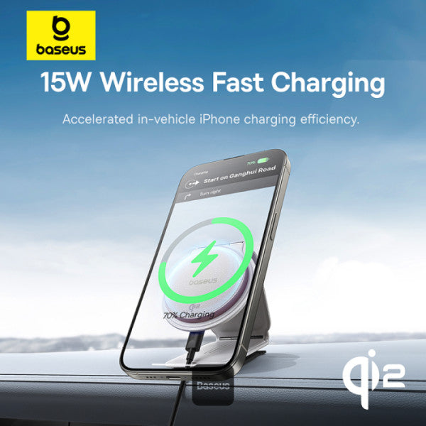 Baseus C02 PrimeTrip Series Mega Magnetic Wireless Charging Car Phone Holder with 15W Qi2 MagSafe - 360° Adjustable Foldable Dashboard Mount - White