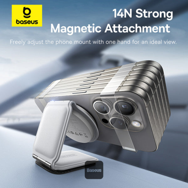 Baseus C02 PrimeTrip Series Mega Magnetic Wireless Charging Car Phone Holder with 15W Qi2 MagSafe - 360° Adjustable Foldable Dashboard Mount - White