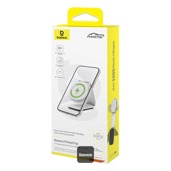 Baseus C02 PrimeTrip Series Mega Magnetic Wireless Charging Car Phone Holder with 15W Qi2 MagSafe - 360° Adjustable Foldable Dashboard Mount - White