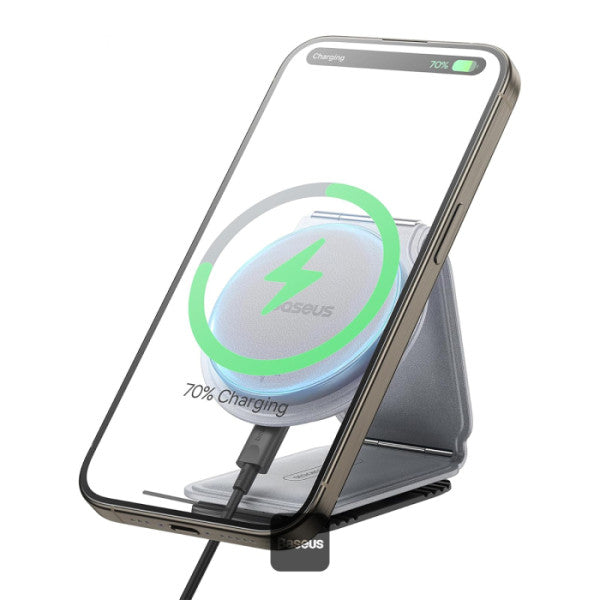 Baseus C02 PrimeTrip Series Mega Magnetic Wireless Charging Car Phone Holder with 15W Qi2 MagSafe - 360° Adjustable Foldable Dashboard Mount - Gray