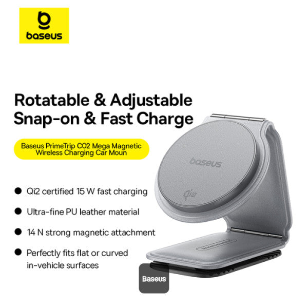 Baseus C02 PrimeTrip Series Mega Magnetic Wireless Charging Car Phone Holder with 15W Qi2 MagSafe - 360° Adjustable Foldable Dashboard Mount - Gray